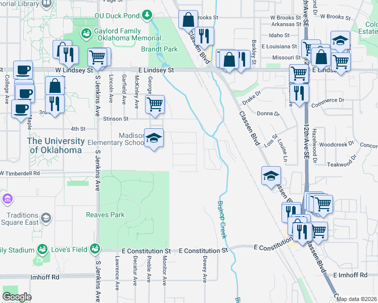 map of restaurants, bars, coffee shops, grocery stores, and more near 517 Clearview Drive in Norman