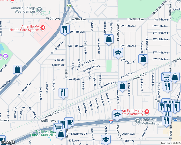 map of restaurants, bars, coffee shops, grocery stores, and more near 5305 Westgate Drive in Amarillo