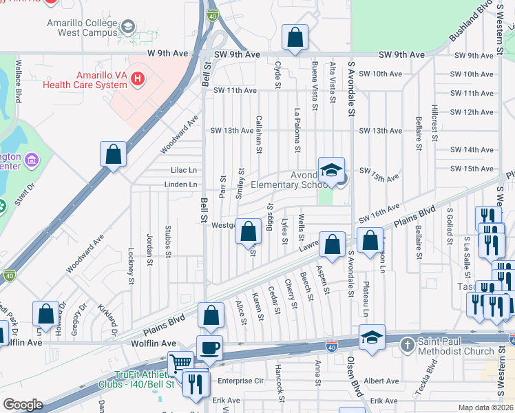 map of restaurants, bars, coffee shops, grocery stores, and more near 5408 Westgate Drive in Amarillo