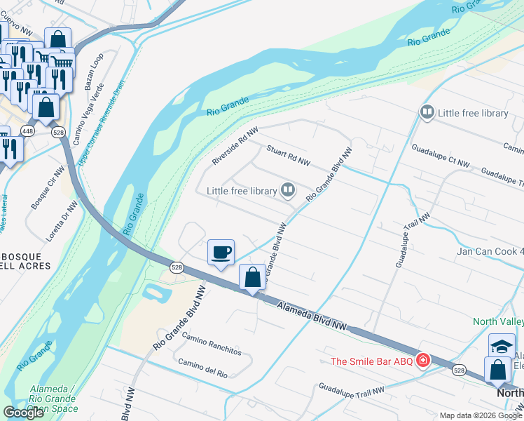 map of restaurants, bars, coffee shops, grocery stores, and more near 1116 Western Meadows Road Northwest in Albuquerque