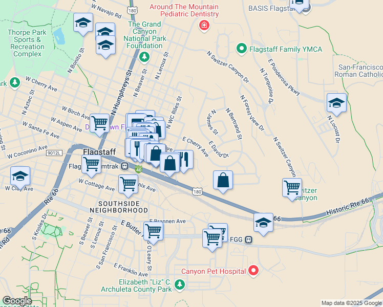 map of restaurants, bars, coffee shops, grocery stores, and more near 118 East Terrace Avenue in Flagstaff