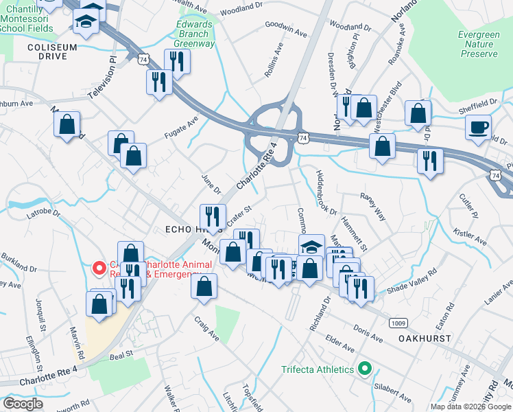 map of restaurants, bars, coffee shops, grocery stores, and more near 712 Char-Meck Lane in Charlotte