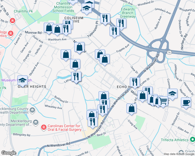 map of restaurants, bars, coffee shops, grocery stores, and more near 3826 Miriam Drive in Charlotte
