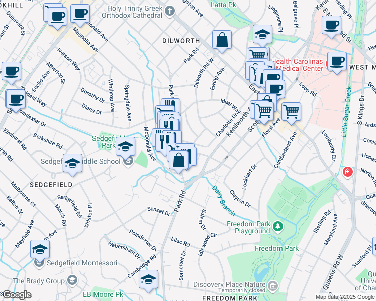map of restaurants, bars, coffee shops, grocery stores, and more near 2425 Park Road in Charlotte