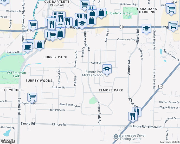 map of restaurants, bars, coffee shops, grocery stores, and more near 2635 Satellite Street in Bartlett