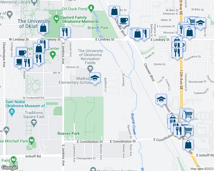 map of restaurants, bars, coffee shops, grocery stores, and more near 501 Inwood Drive in Norman