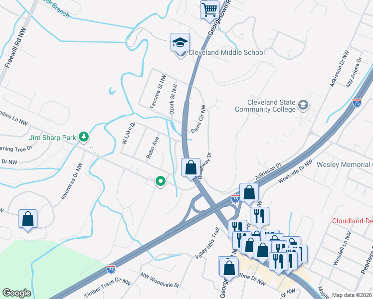 map of restaurants, bars, coffee shops, grocery stores, and more near 2922 Holliday Drive Northwest in Cleveland
