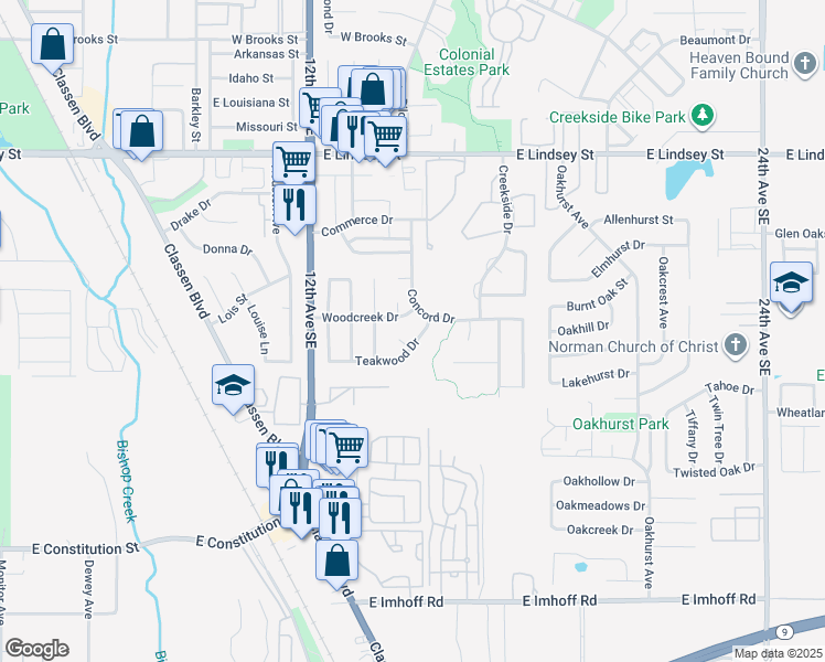map of restaurants, bars, coffee shops, grocery stores, and more near 1710 Concord Drive in Norman