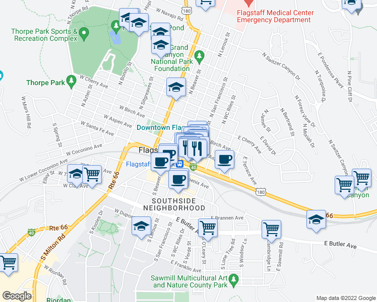 map of restaurants, bars, coffee shops, grocery stores, and more near 7 East Aspen Avenue in Flagstaff