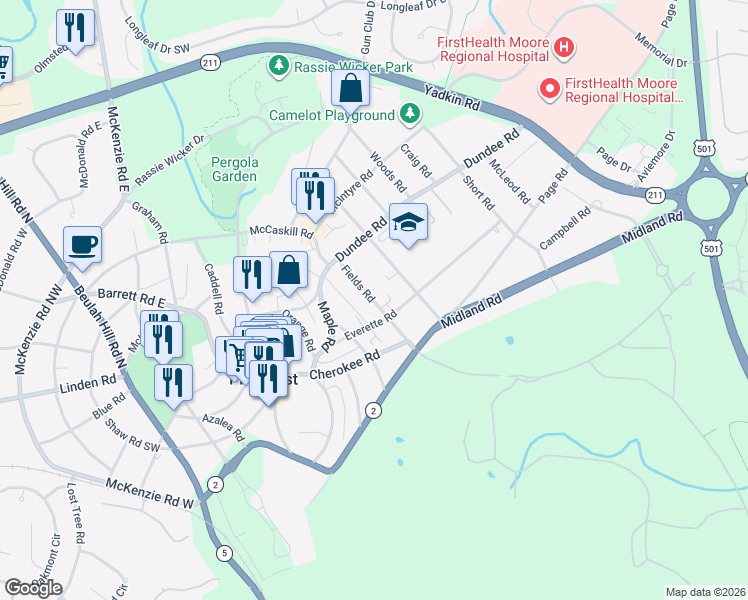 map of restaurants, bars, coffee shops, grocery stores, and more near 20 Fields Road in Pinehurst
