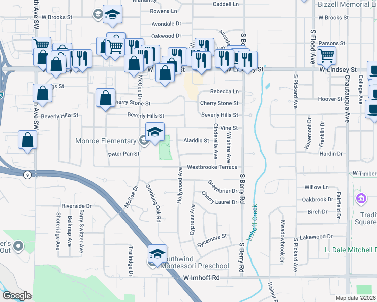 map of restaurants, bars, coffee shops, grocery stores, and more near 1711 Hollywood Avenue in Norman