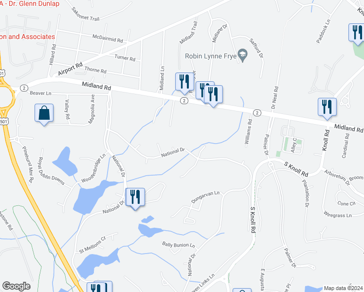 map of restaurants, bars, coffee shops, grocery stores, and more near 224 National Drive in Pinehurst