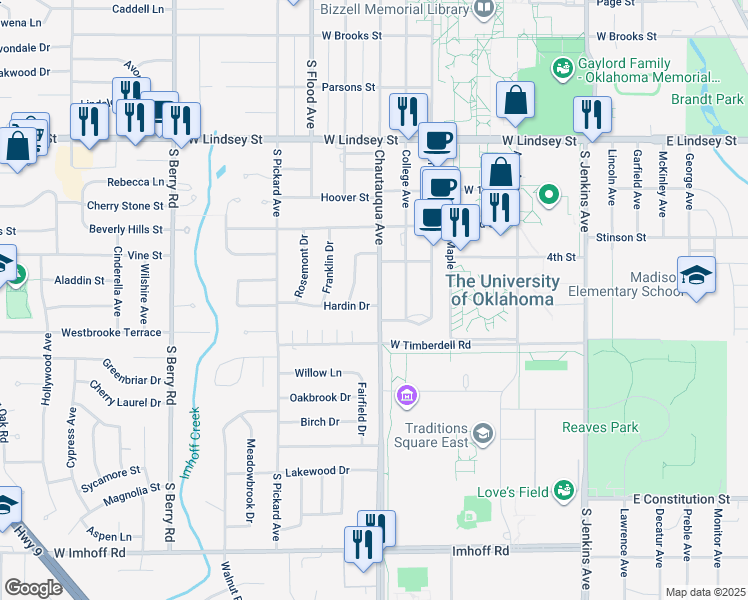 map of restaurants, bars, coffee shops, grocery stores, and more near 701 Hardin Drive in Norman