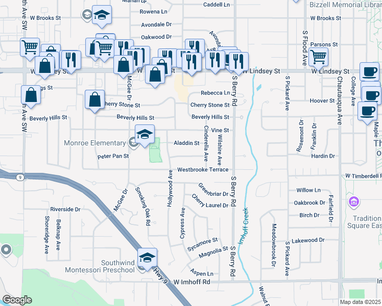 map of restaurants, bars, coffee shops, grocery stores, and more near 1419 Peter Pan Street in Norman