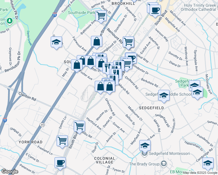 map of restaurants, bars, coffee shops, grocery stores, and more near 324 New Bern Station Court in Charlotte