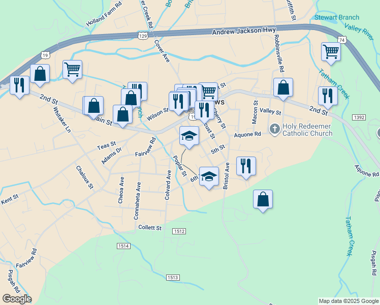 map of restaurants, bars, coffee shops, grocery stores, and more near in Andrews