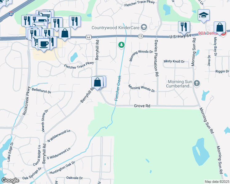 map of restaurants, bars, coffee shops, grocery stores, and more near 2662 Grove Manor Way in Cordova