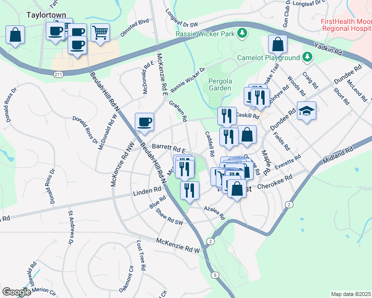 map of restaurants, bars, coffee shops, grocery stores, and more near 15 Graham Road in Pinehurst