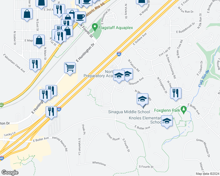 map of restaurants, bars, coffee shops, grocery stores, and more near 1184 North Warm Springs Trail in Flagstaff