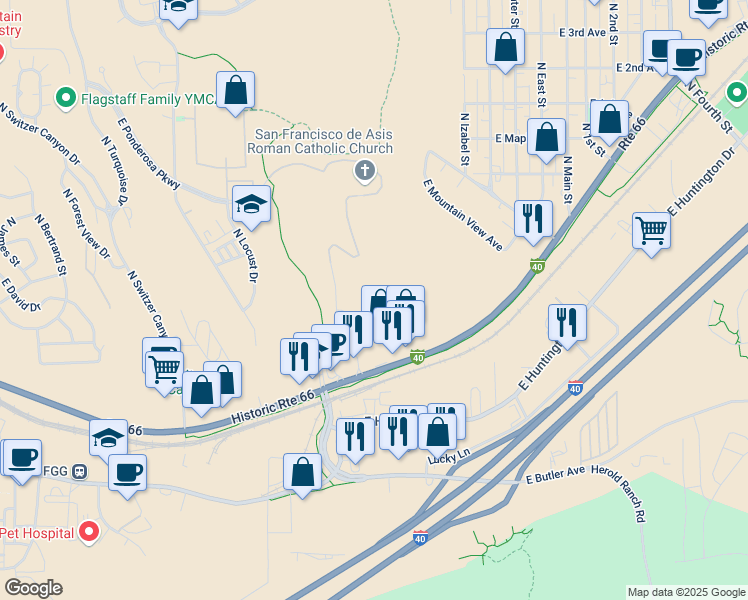 map of restaurants, bars, coffee shops, grocery stores, and more near 1650 East Ponderosa Parkway in Flagstaff
