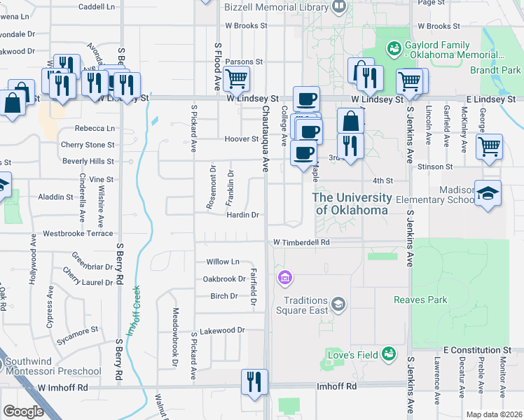 map of restaurants, bars, coffee shops, grocery stores, and more near 701 Hardin Drive in Norman