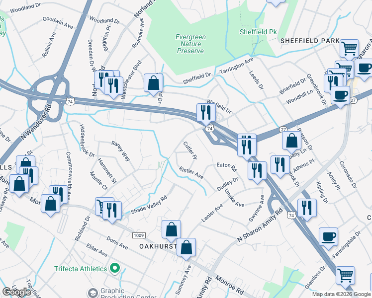 map of restaurants, bars, coffee shops, grocery stores, and more near 800 Pierson Drive in Charlotte