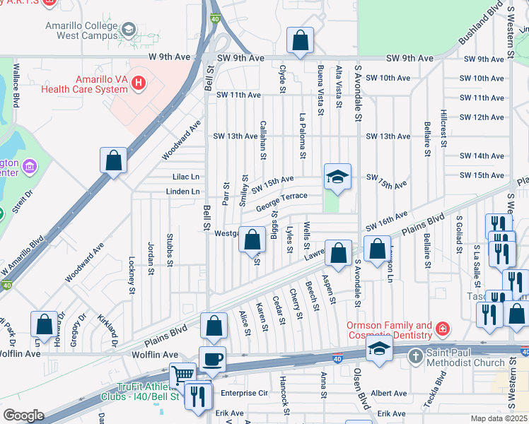 map of restaurants, bars, coffee shops, grocery stores, and more near 5413 Southwest 15th Avenue in Amarillo
