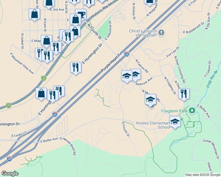 map of restaurants, bars, coffee shops, grocery stores, and more near 1401 Fourth Street in Flagstaff