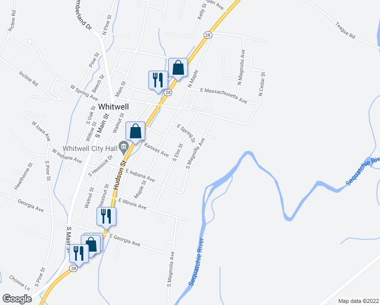 map of restaurants, bars, coffee shops, grocery stores, and more near 226 Magnolia Lane in Whitwell