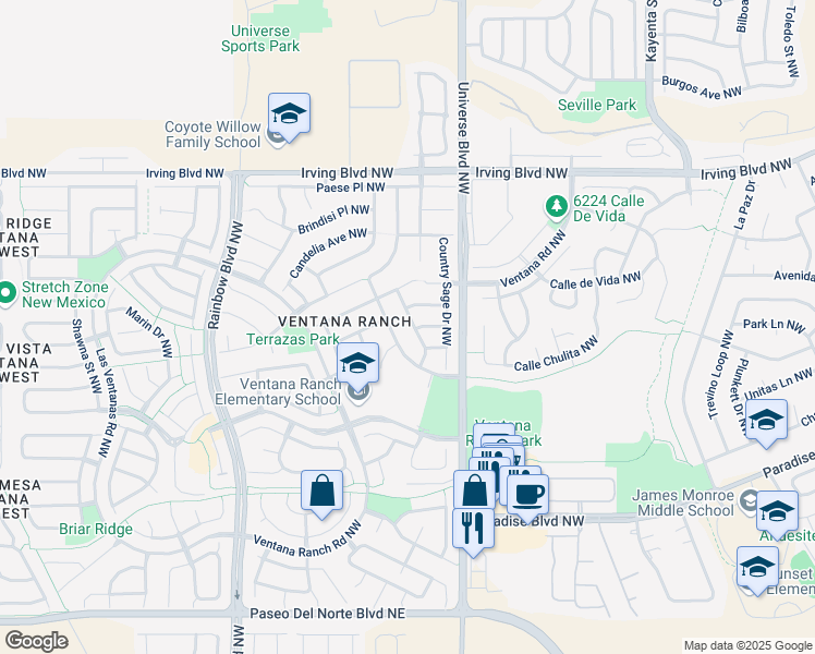 map of restaurants, bars, coffee shops, grocery stores, and more near 10235 Country Meadows Drive Northwest in Albuquerque