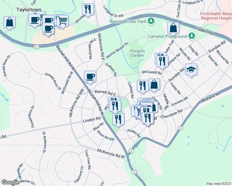 map of restaurants, bars, coffee shops, grocery stores, and more near 15 Graham Road in Pinehurst