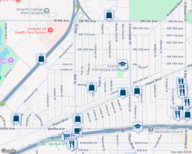 map of restaurants, bars, coffee shops, grocery stores, and more near 5413 Southwest 15th Avenue in Amarillo