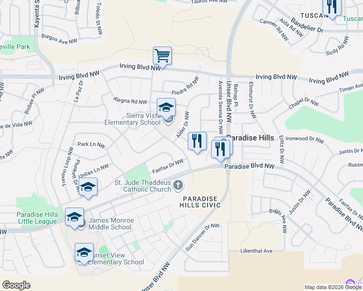 map of restaurants, bars, coffee shops, grocery stores, and more near 5645 Drake Avenue Northwest in Albuquerque