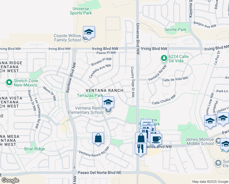 map of restaurants, bars, coffee shops, grocery stores, and more near 6800 Deerbourne Road in Albuquerque