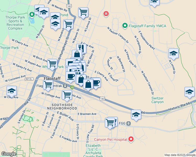 map of restaurants, bars, coffee shops, grocery stores, and more near 224 North Elden Street in Flagstaff