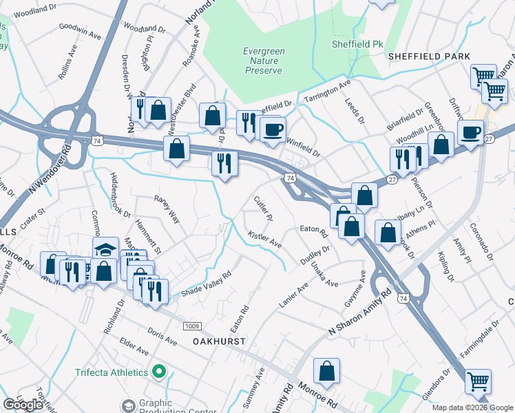 map of restaurants, bars, coffee shops, grocery stores, and more near 800 Pierson Drive in Charlotte