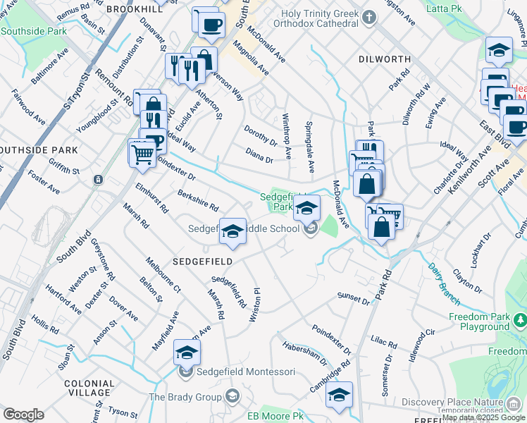 map of restaurants, bars, coffee shops, grocery stores, and more near 513 Poindexter Circle in Charlotte