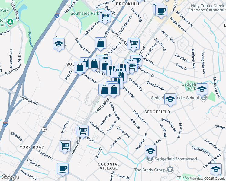 map of restaurants, bars, coffee shops, grocery stores, and more near 324 New Bern Station Court in Charlotte