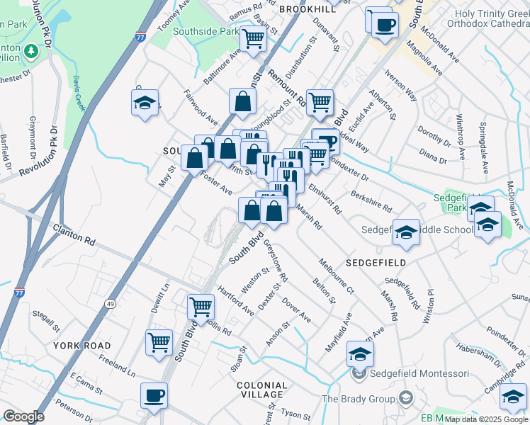 map of restaurants, bars, coffee shops, grocery stores, and more near 324 New Bern Station Court in Charlotte