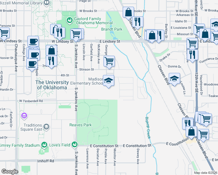 map of restaurants, bars, coffee shops, grocery stores, and more near 61 James Drive in Norman