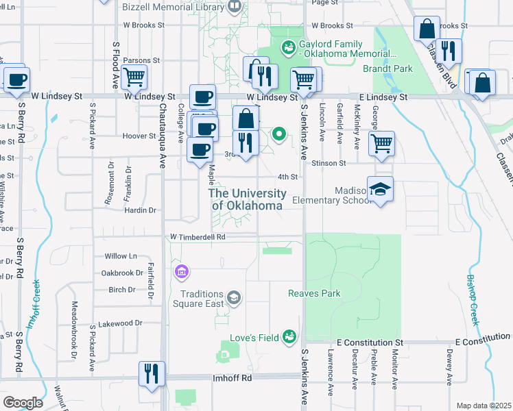 map of restaurants, bars, coffee shops, grocery stores, and more near 1640-1774 Asp Ave in Norman
