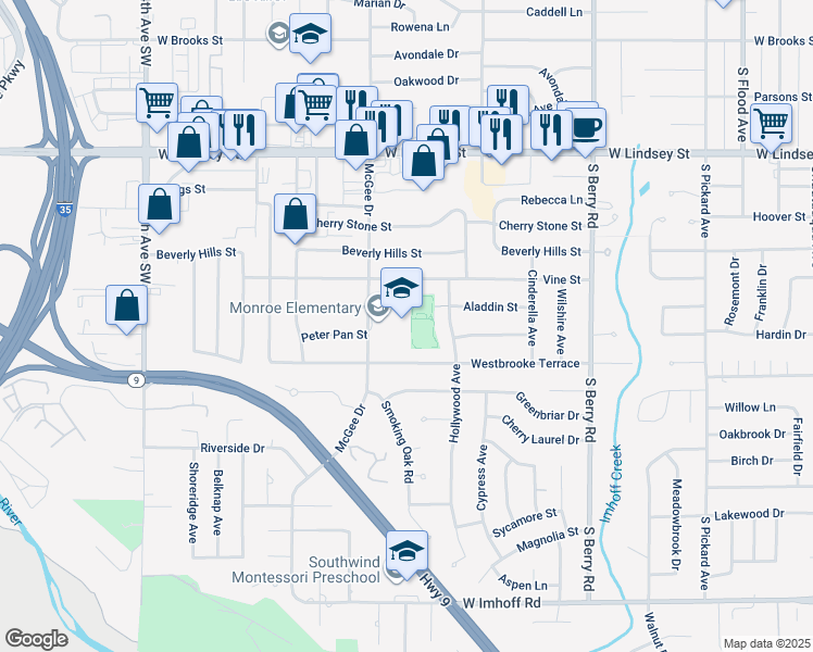 map of restaurants, bars, coffee shops, grocery stores, and more near 1601 McGee Drive in Norman