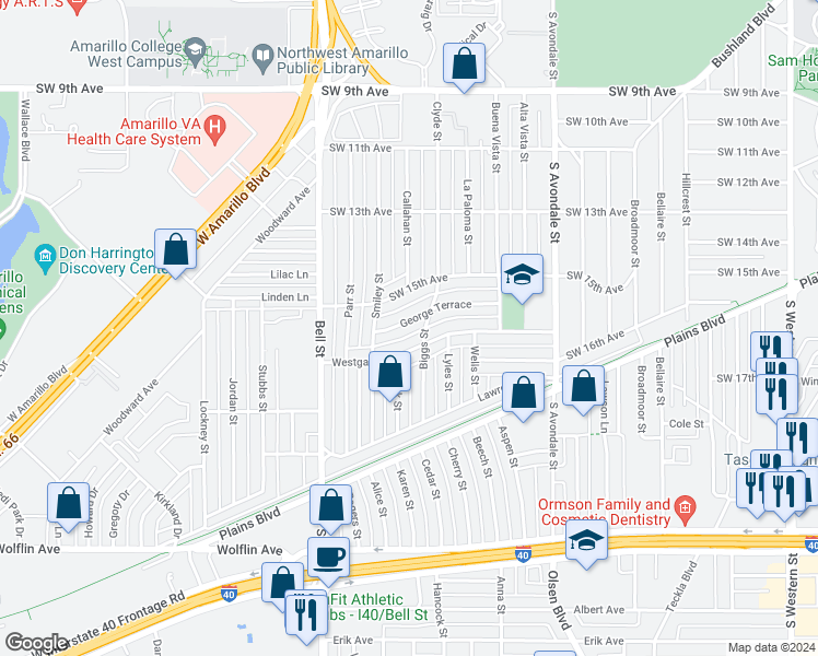 map of restaurants, bars, coffee shops, grocery stores, and more near 5405 George Terrace in Amarillo