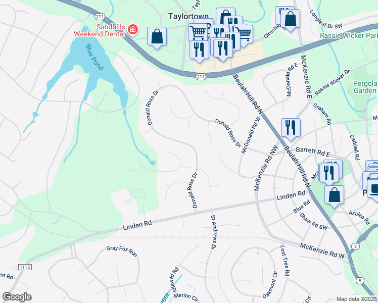 map of restaurants, bars, coffee shops, grocery stores, and more near 295 Donald Ross Drive in Pinehurst