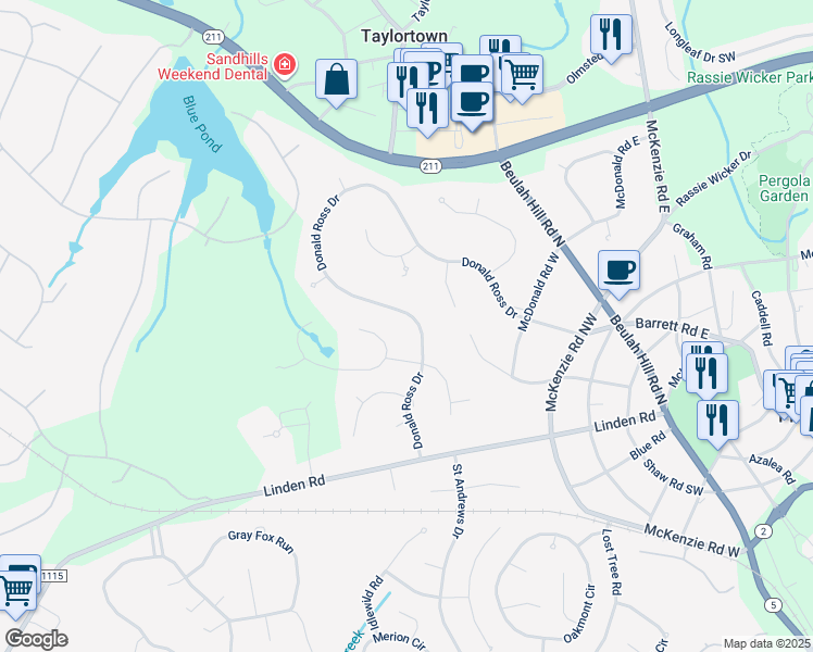 map of restaurants, bars, coffee shops, grocery stores, and more near 295 Donald Ross Drive in Pinehurst