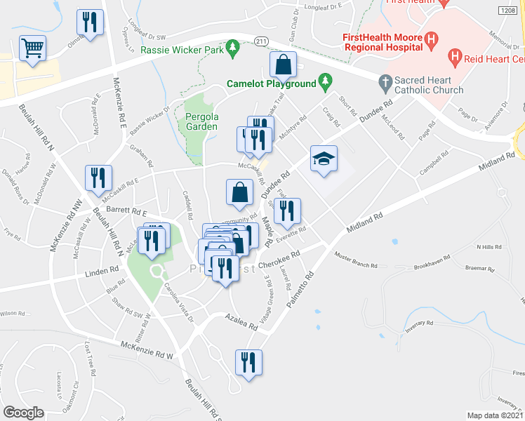map of restaurants, bars, coffee shops, grocery stores, and more near 70 Maple Road in Pinehurst