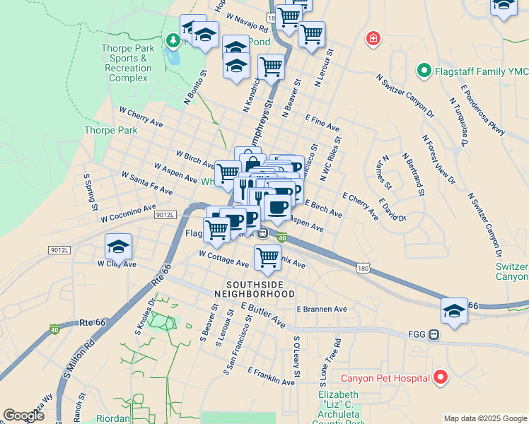 map of restaurants, bars, coffee shops, grocery stores, and more near 24 West Aspen Avenue in Flagstaff