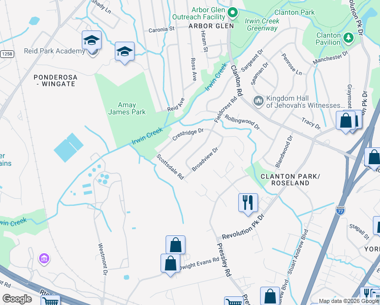 map of restaurants, bars, coffee shops, grocery stores, and more near 3911 Sunnycrest Lane in Charlotte