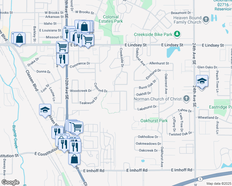 map of restaurants, bars, coffee shops, grocery stores, and more near 1536 Creekside Drive in Norman