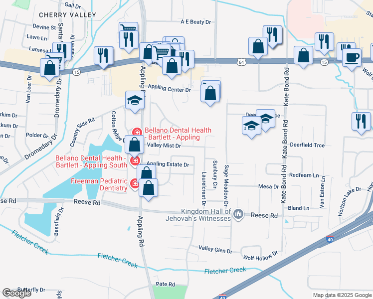 map of restaurants, bars, coffee shops, grocery stores, and more near 7558 Meadowland Drive in Memphis
